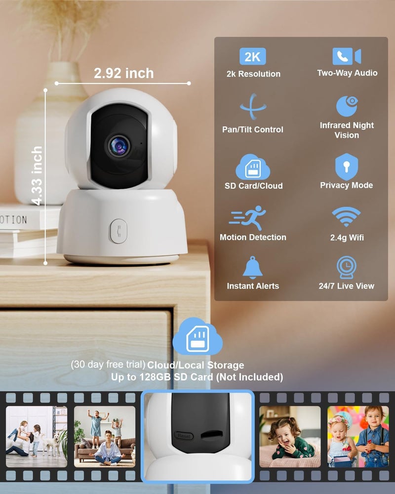 Golspark Indoor Security Camera 2K, Pet Camera for Home Security, Dog Cam Pan/Tilt, Motion Tracking, 2-Way Audio, Night Vision Baby Monitor, Siren Alert, 24/7 Cloud &SD Card Storage, 2.4GHz - Image 5